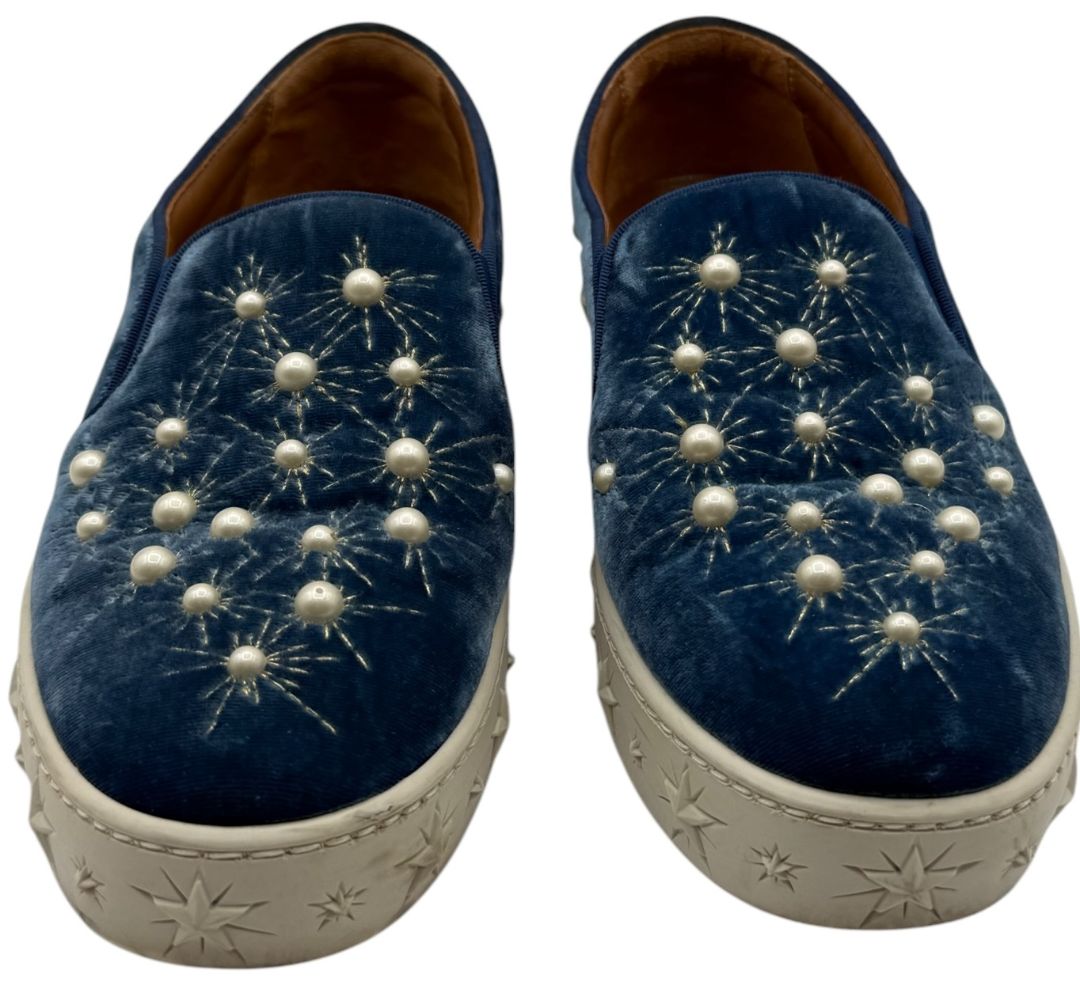 Aquazzura 'Cosmic Pearls' Slip-On Sneakers in Ocean Blue Velvet – Size 37 – Good Preowned Condition