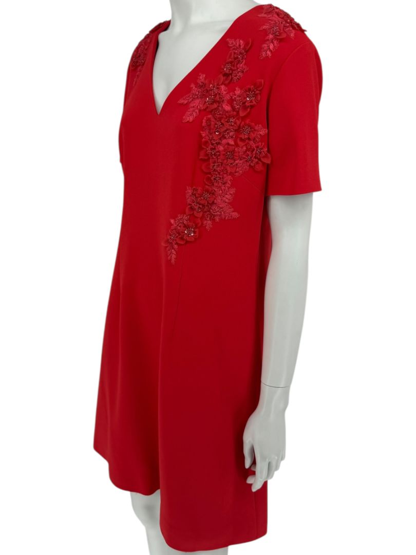 Pamella Roland Red Embellished V-Neck Shift Dress – Large