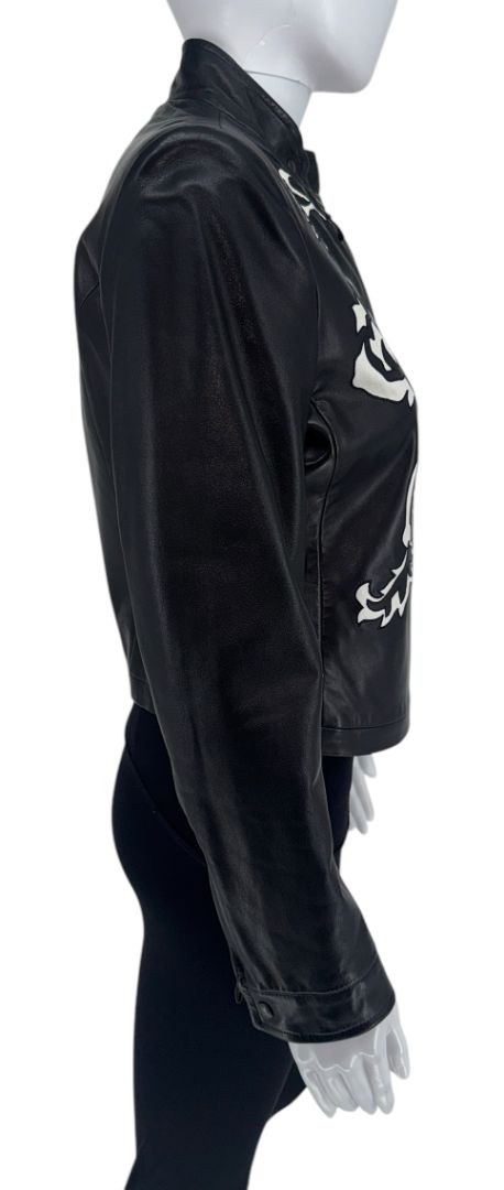 Giorgio Armani Black Lambskin Leather Floral Jacket – Size 40 (IT)