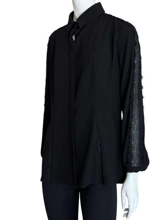 Pamella Roland Black Longsleeve Blouse with Lace Inset - Large