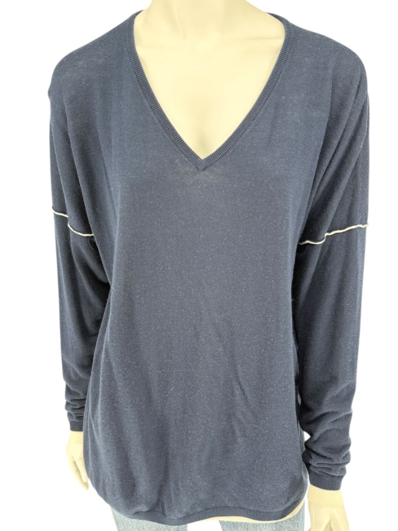 Kokun Navy Blue Bamboo Cashmere V-Neck Sweater – Size XL