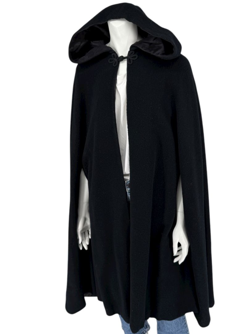 Black Wool Hooded Cape with Silk-Lined Interior – Large