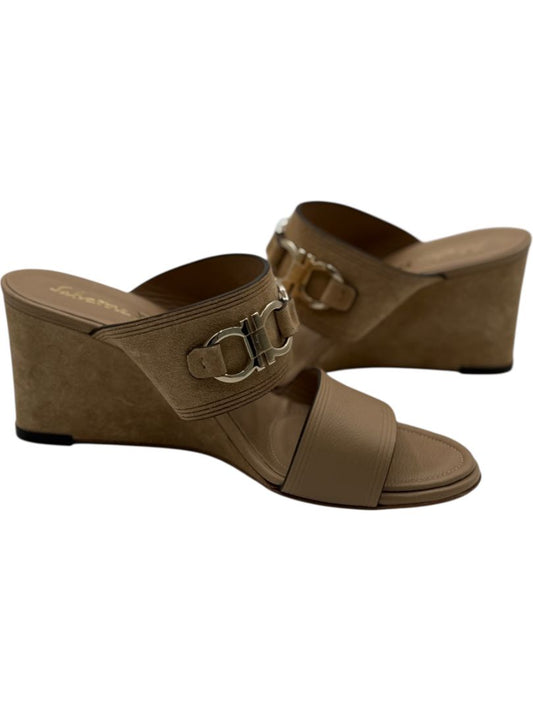 Salvatore Ferragamo Tan Leather & Suede Wedge Sandals – Size 9