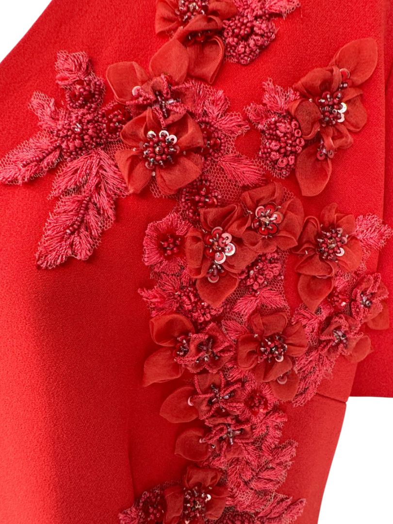 Pamella Roland Red Embellished V-Neck Shift Dress – Large