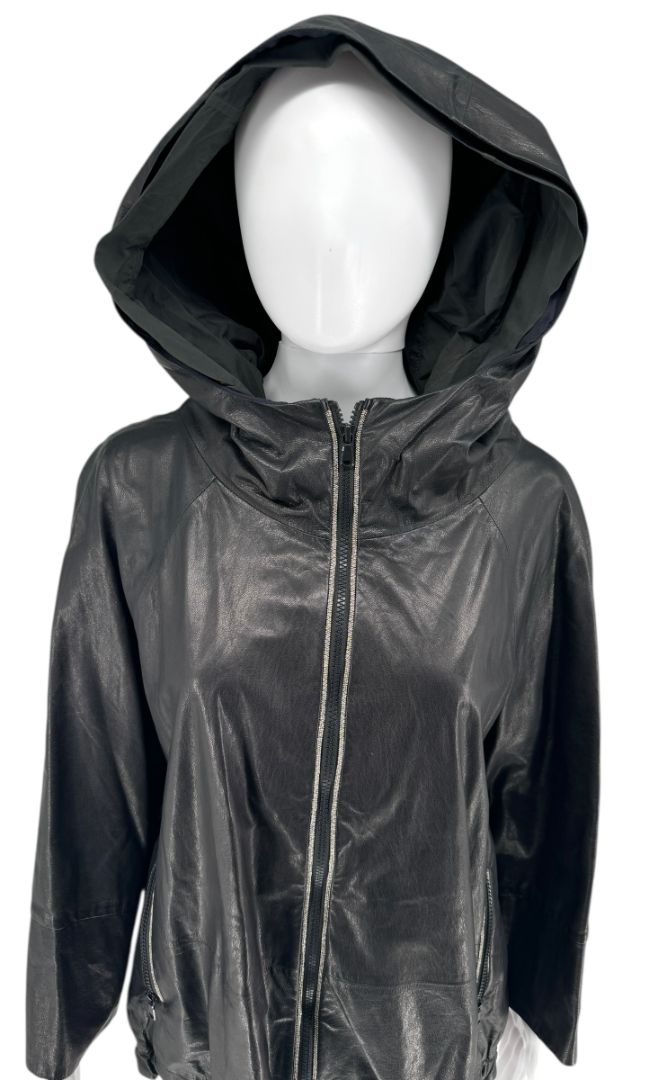 Brunello Cucinelli Blue/Black Leather Hooded Jacket – Size IT 42 (US 6)