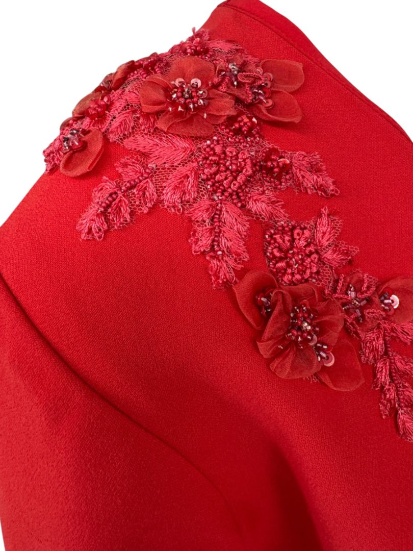 Pamella Roland Red Embellished V-Neck Shift Dress – Large