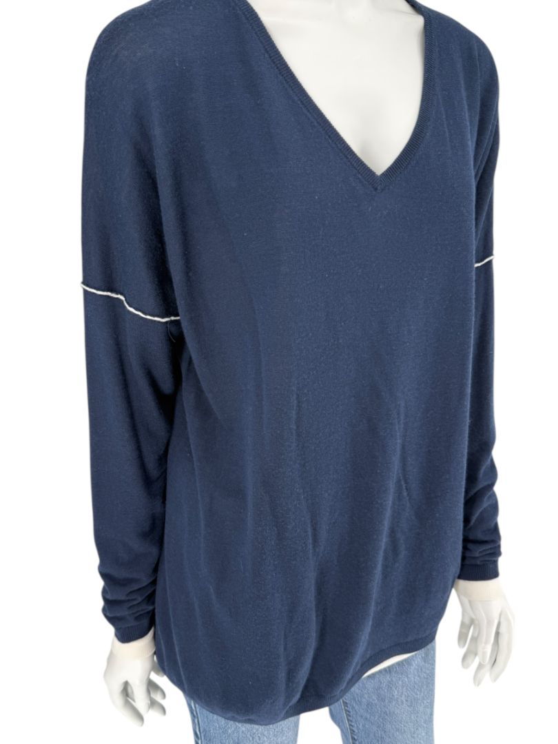 Kokun Navy Blue Bamboo Cashmere V-Neck Sweater – Size XL