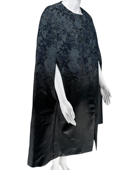 Black/Blue Ombre Brocade Dress Cape Floral Motif