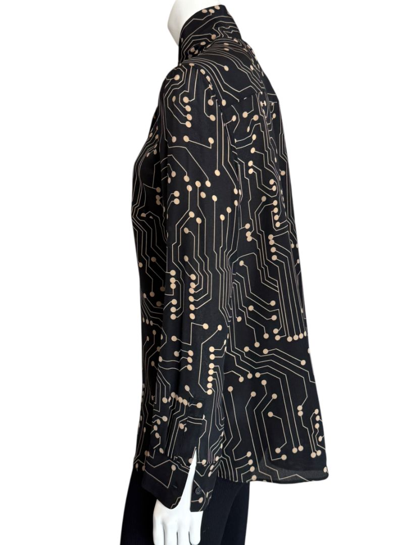 Akris Punto Black & Sand Silk Circuit Print Bow Blouse – Size 10