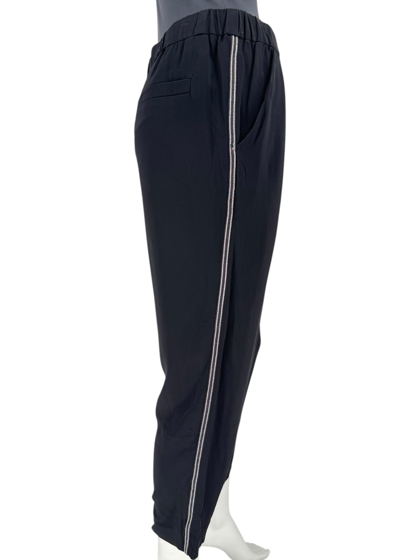 Brunello Cucinelli Black Viscose Drawstring Pants with Monili Trim – Size 8 (IT 44)