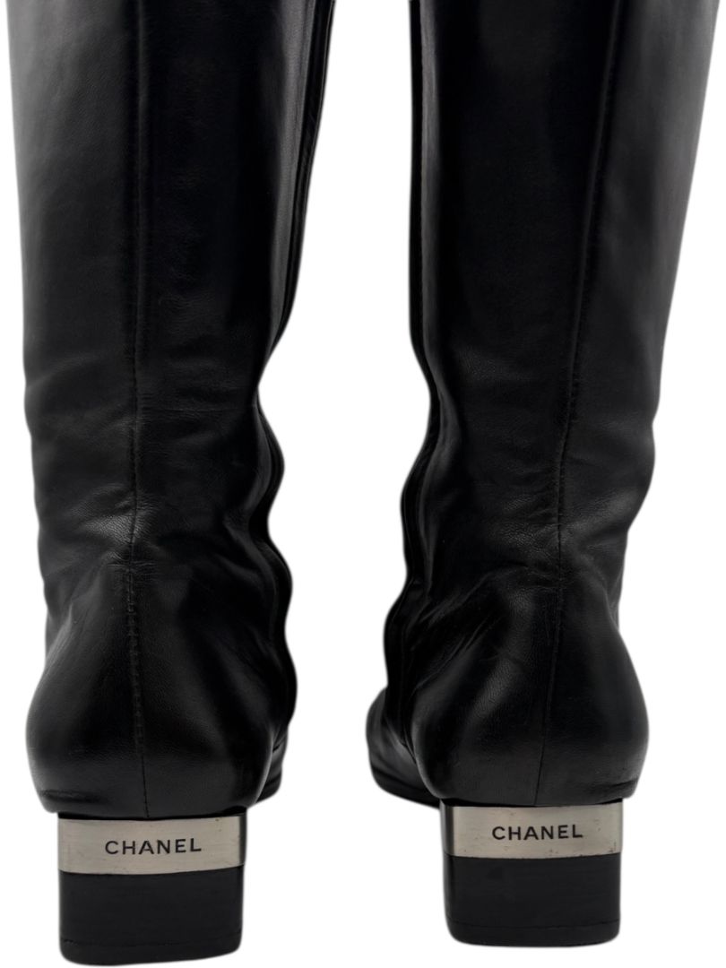 Chanel Black Leather Mid-Calf Boots with CC Cap Toe & Silver Heel Logo – Size 40 (US 10)