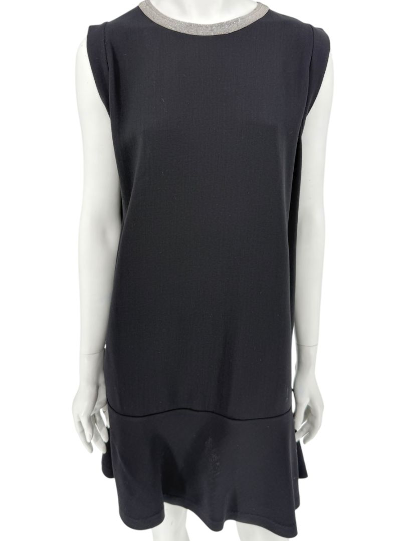 Brunello Cucinelli Black Wool Viscose Sleeveless Shift Dress Monili Beaded Collar - Large