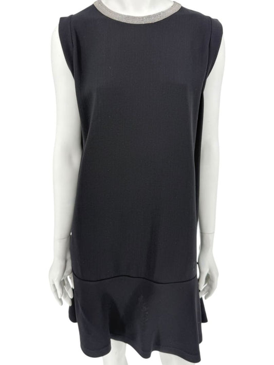 Brunello Cucinelli Black Wool Viscose Sleeveless Shift Dress Monili Beaded Collar - Large