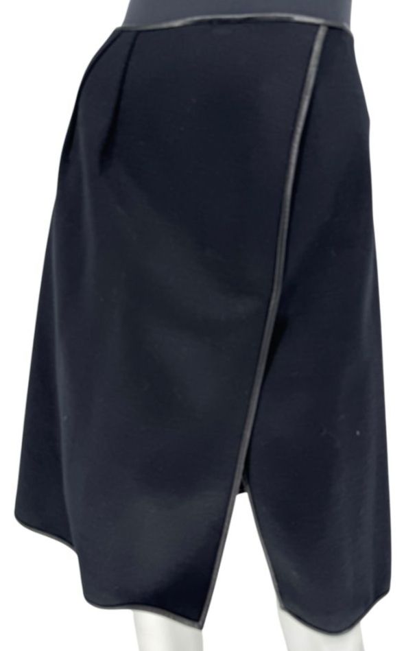Douglas Hannant Black Wool Wrap-Style Skirt with Nappa Leather Trim – Size 14