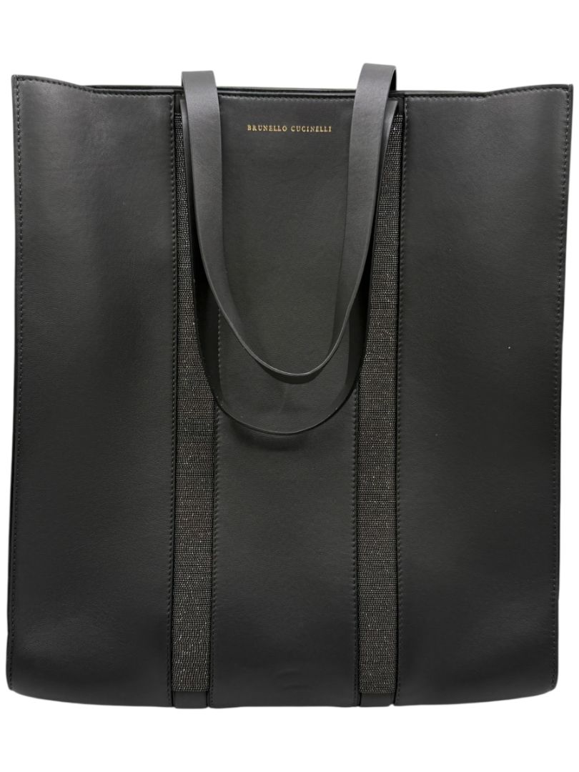 Brunello Cucinelli Graphite Gray Leather Tote with Monili Bead Trim