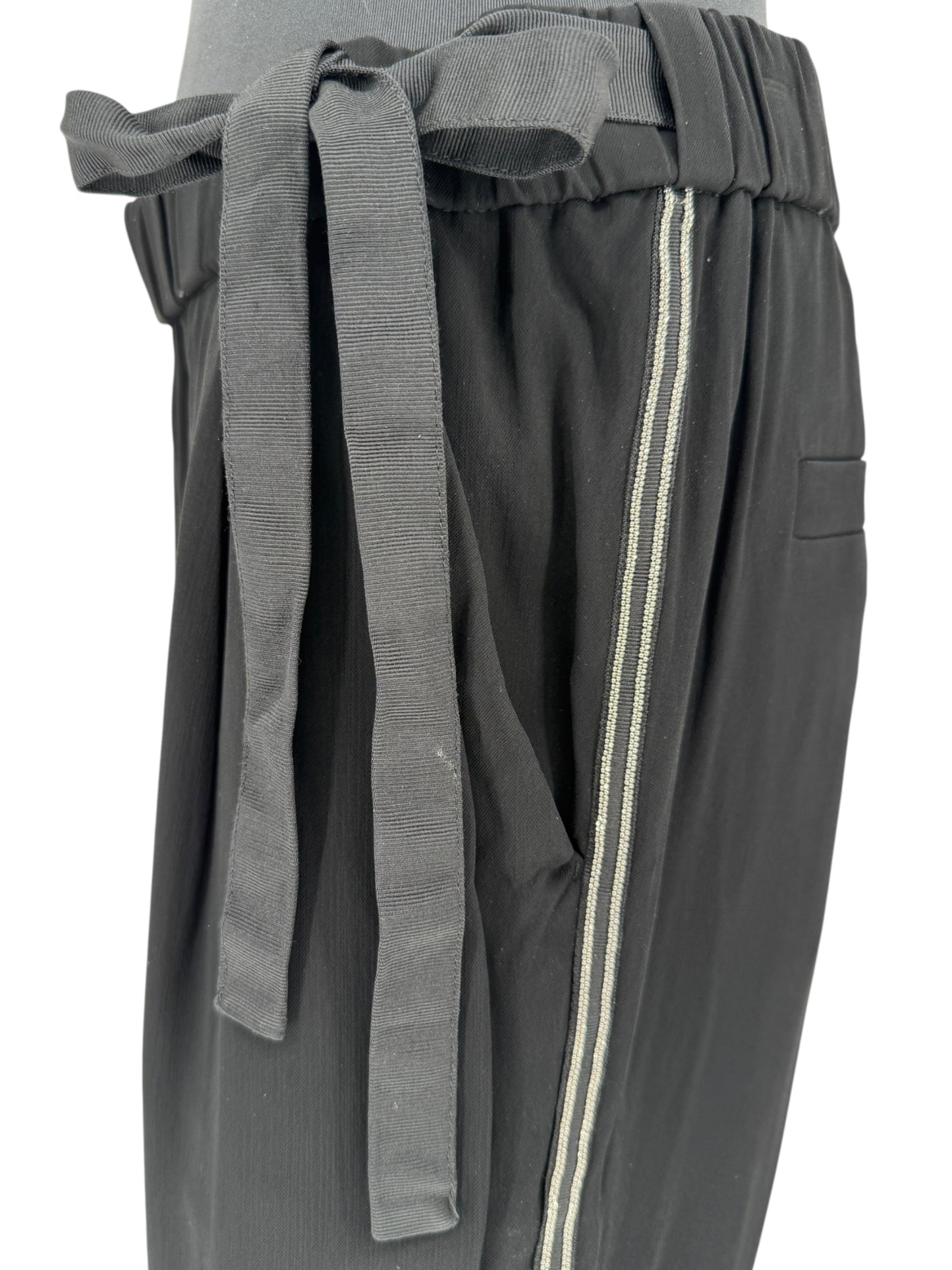 Brunello Cucinelli Black Viscose Drawstring Pants with Monili Trim – Size 8 (IT 44)