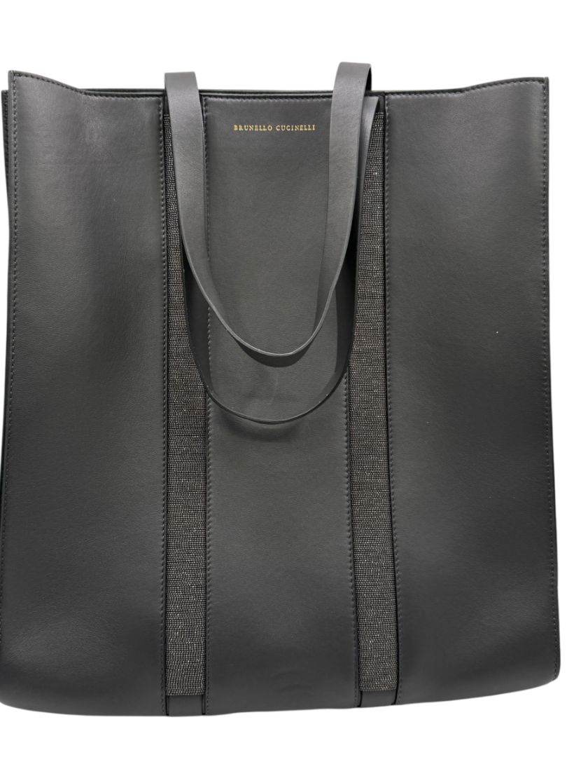 Brunello Cucinelli Graphite Gray Leather Tote with Monili Bead Trim