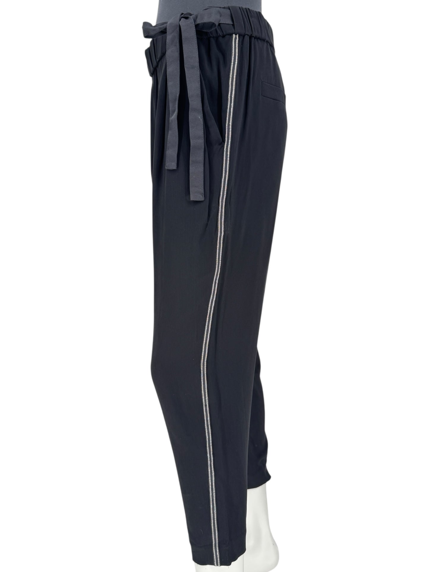 Brunello Cucinelli Black Viscose Drawstring Pants with Monili Trim – Size 8 (IT 44)