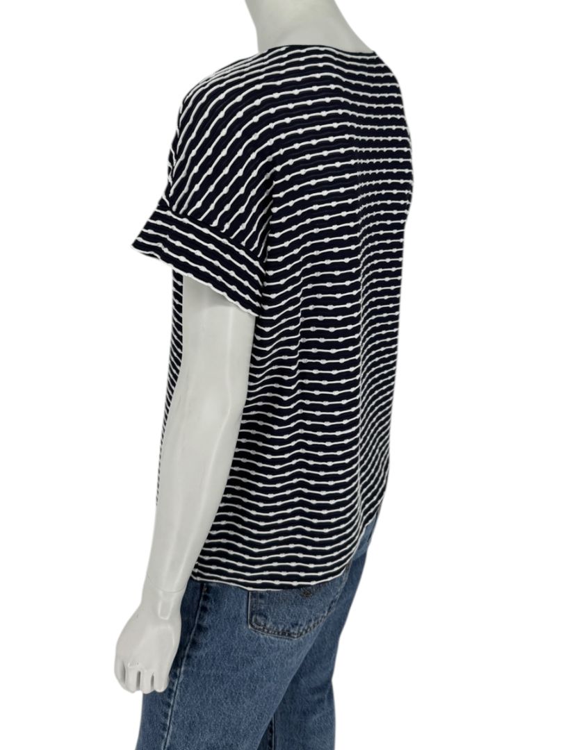 Armani Collezioni Made in Italy Navy & White Textured Stripe V-Neck Top – Size 12