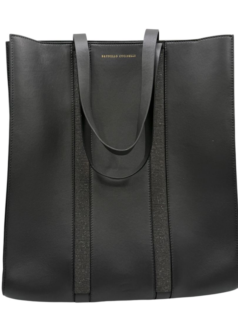 Brunello Cucinelli Graphite Gray Leather Tote with Monili Bead Trim