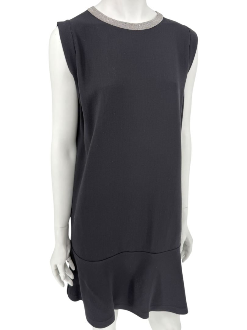 Brunello Cucinelli Black Wool Viscose Sleeveless Shift Dress Monili Beaded Collar - Large