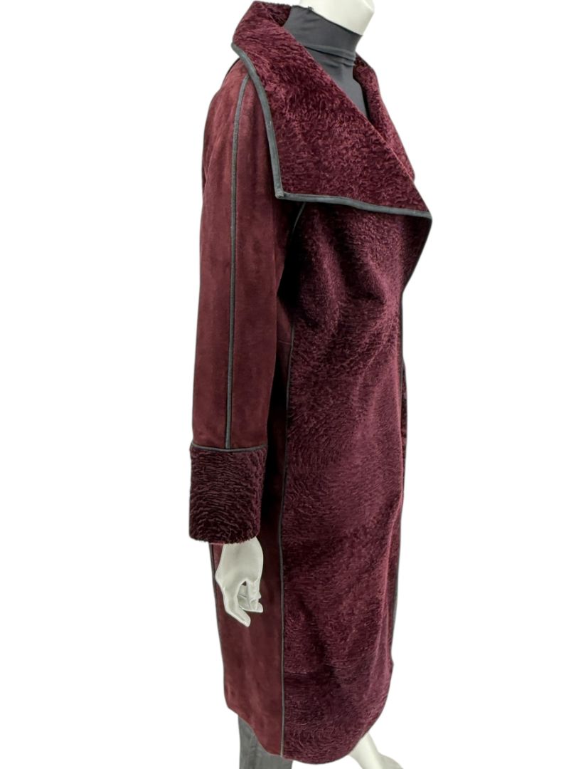 Pamella Roland Burgundy Shearling Cape Style Jacket with Leather Trim – Large