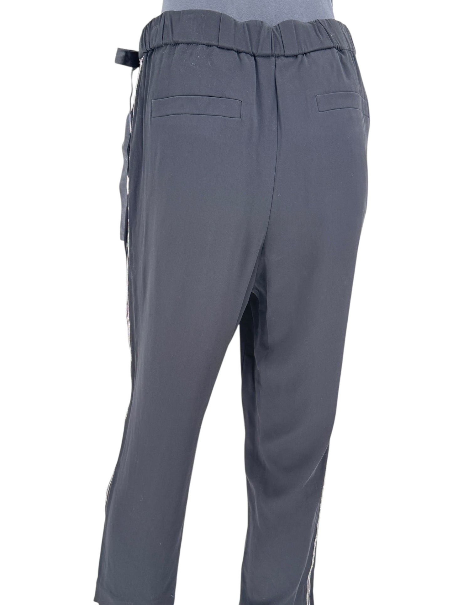 Brunello Cucinelli Black Viscose Drawstring Pants with Monili Trim – Size 8 (IT 44)