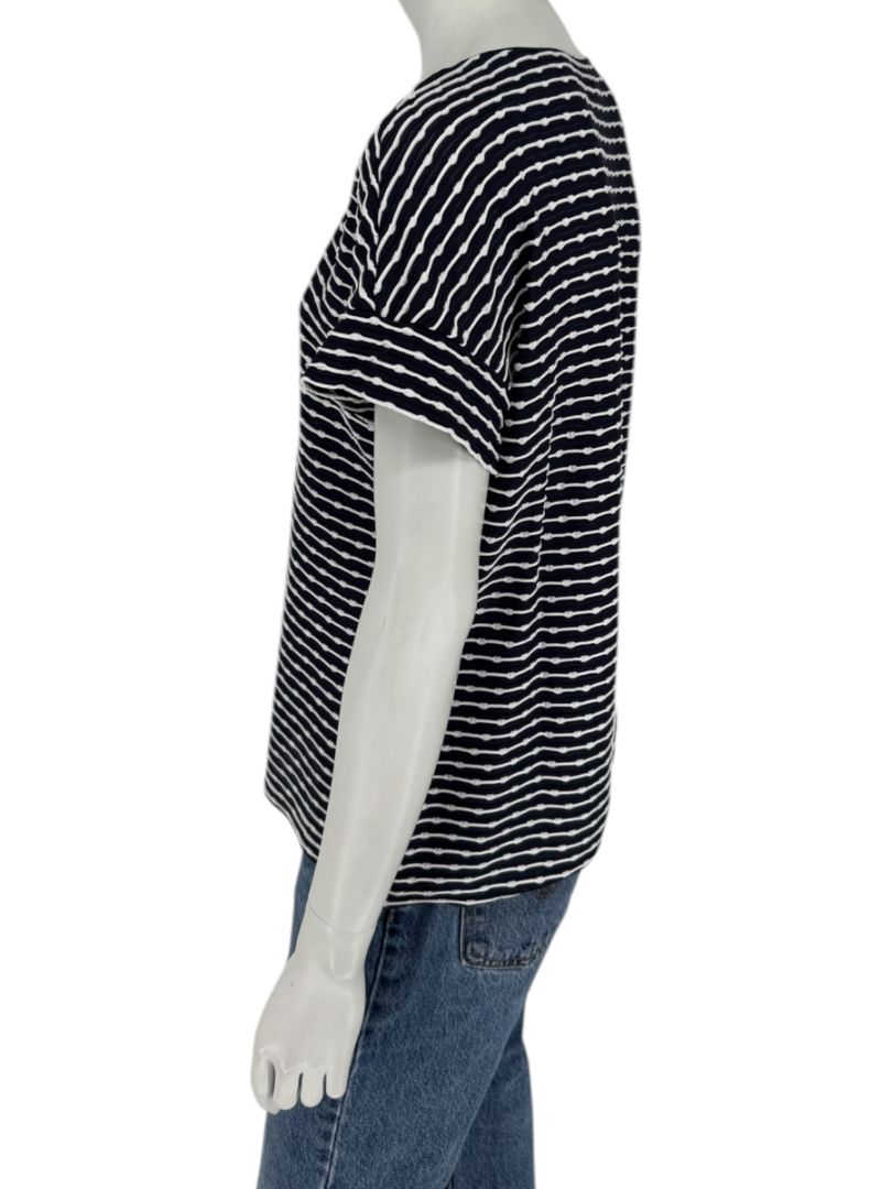 Armani Collezioni Made in Italy Navy & White Textured Stripe V-Neck Top – Size 12