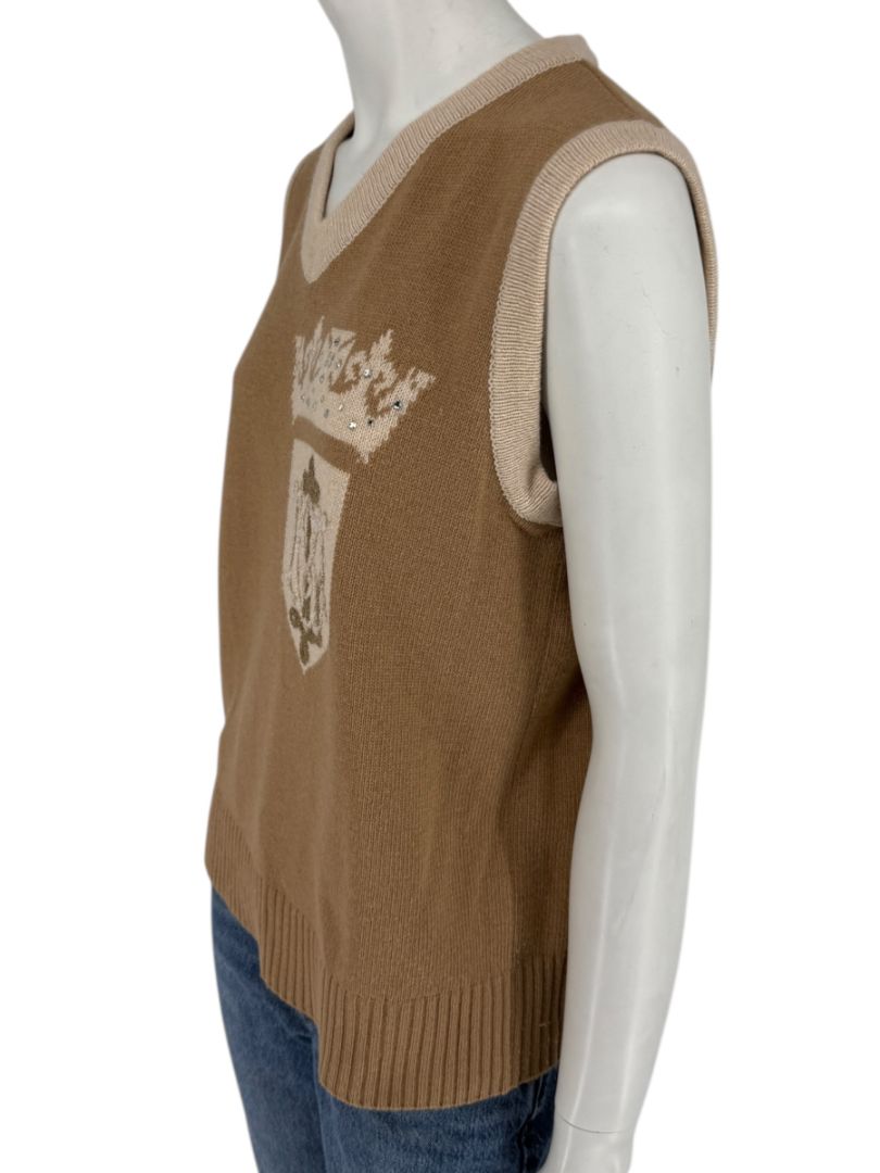 Misselle Les Copains Tan Embellished Crest Sweater Vest – Size L