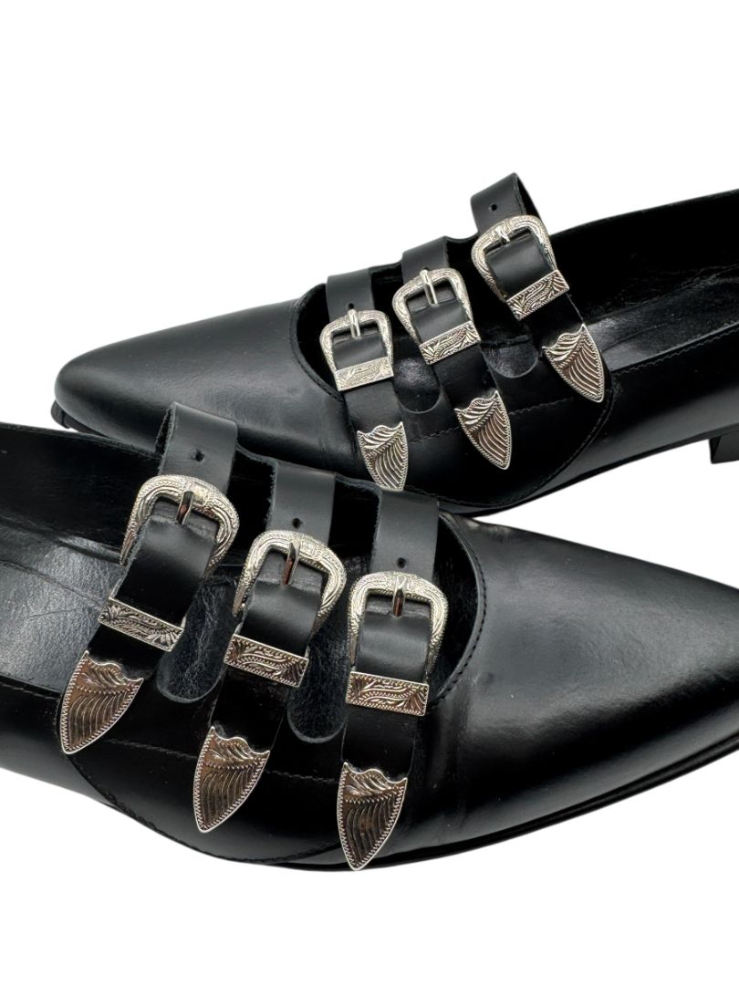 Comme des Garçons Black Triple-Buckle Leather Flats – Japanese Size 25