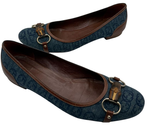 Gucci Blue GG Denim Bamboo Horsebit Ballet Flats – Size 11B