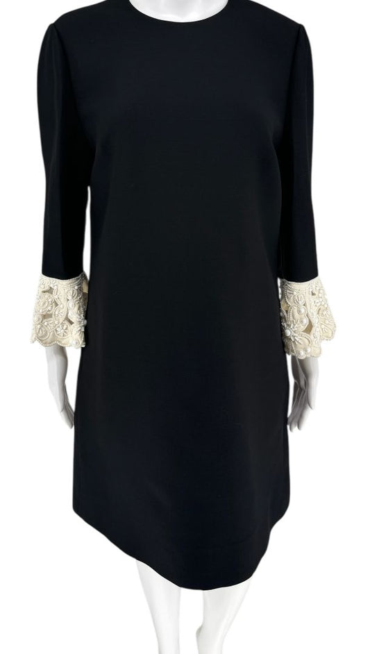 Valentino Black Mini Dress with Embroidered Cuffs – Size 44 – Excellent Preowned Condition