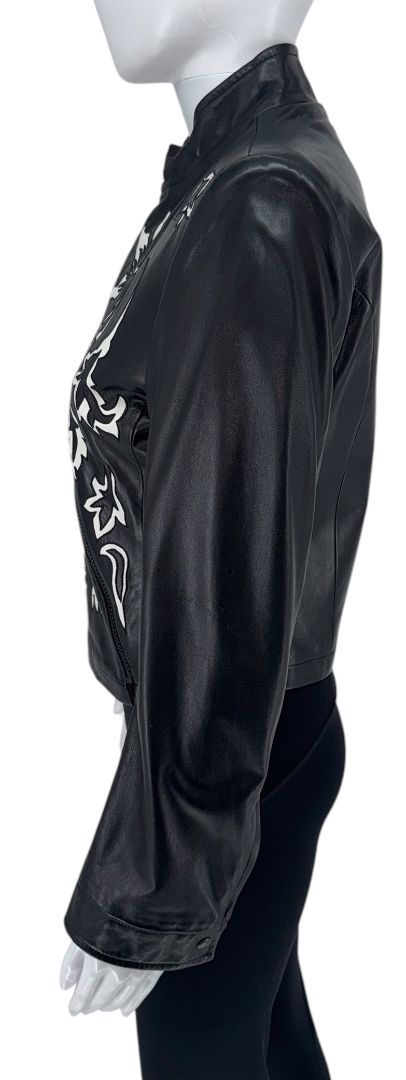 Giorgio Armani Black Lambskin Leather Floral Jacket – Size 40 (IT)