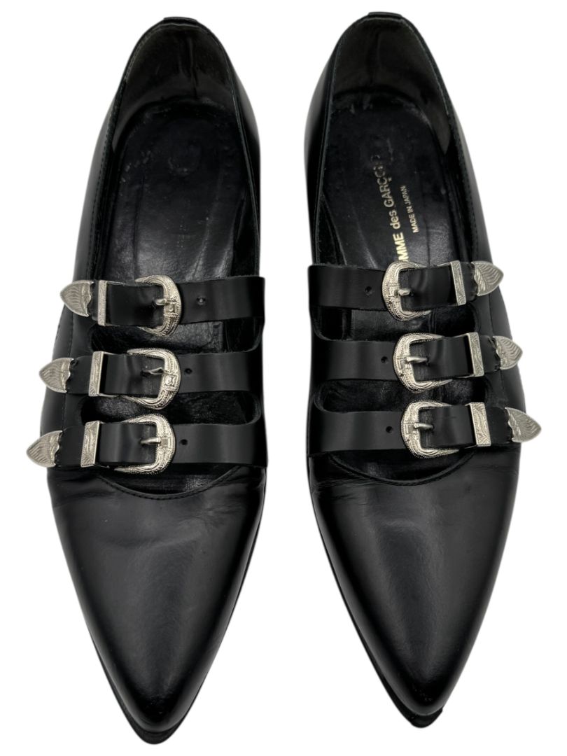 Comme des Garçons Black Triple-Buckle Leather Flats – Japanese Size 25