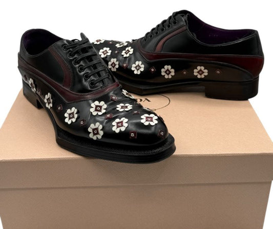 Prada Studded Floral Leather Oxfords – Size 40