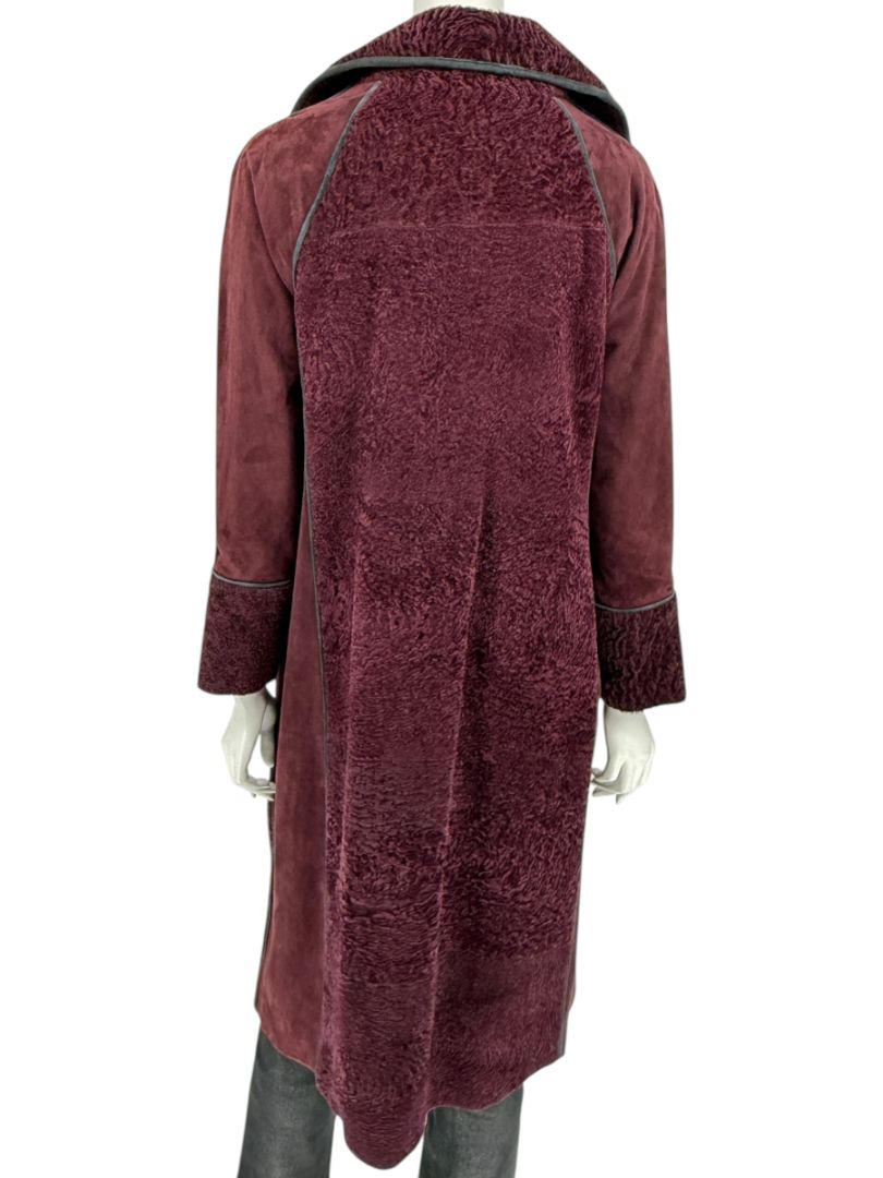 Pamella Roland Burgundy Shearling Cape Style Jacket with Leather Trim – Large