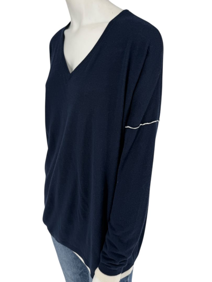 Kokun Navy Blue Bamboo Cashmere V-Neck Sweater – Size XL