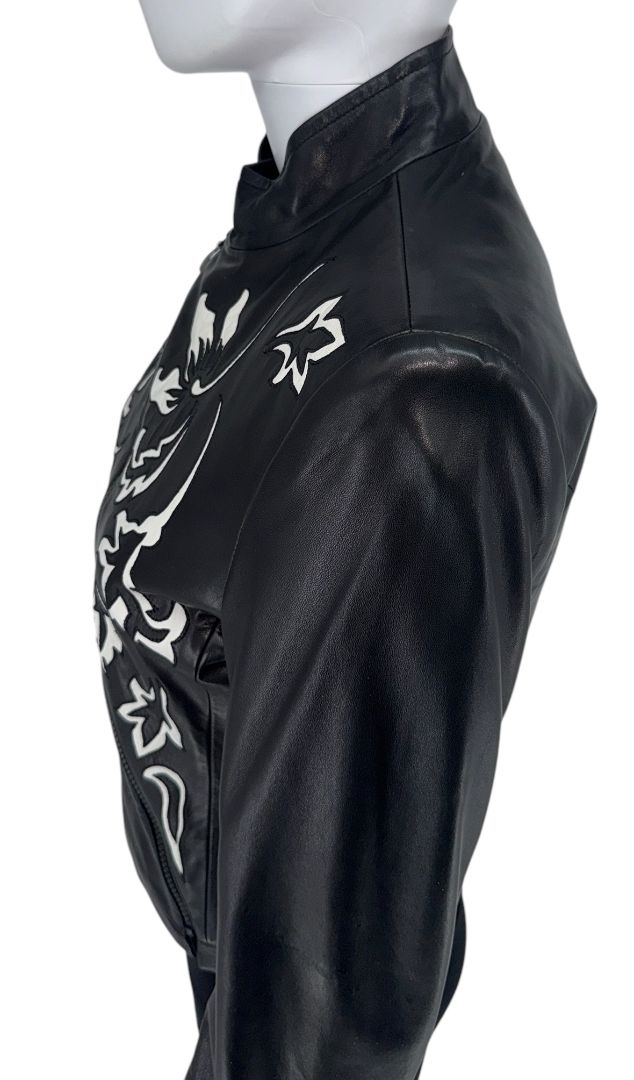 Giorgio Armani Black Lambskin Leather Floral Jacket – Size 40 (IT)