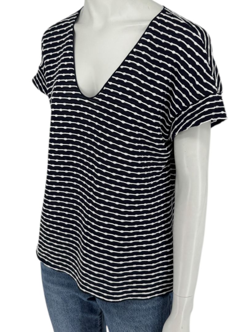 Armani Collezioni Made in Italy Navy & White Textured Stripe V-Neck Top – Size 12