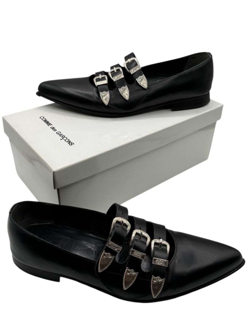 Comme des Garçons Black Triple-Buckle Leather Flats – Japanese Size 25