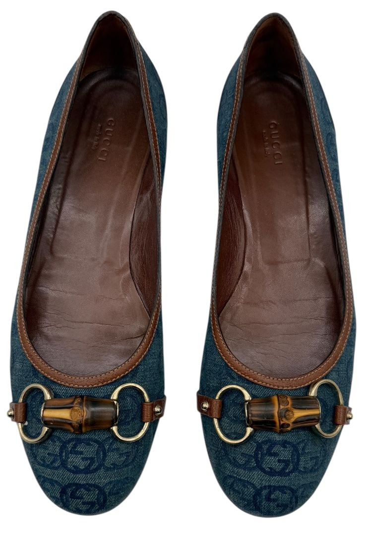 Gucci Blue GG Denim Bamboo Horsebit Ballet Flats – Size 11B