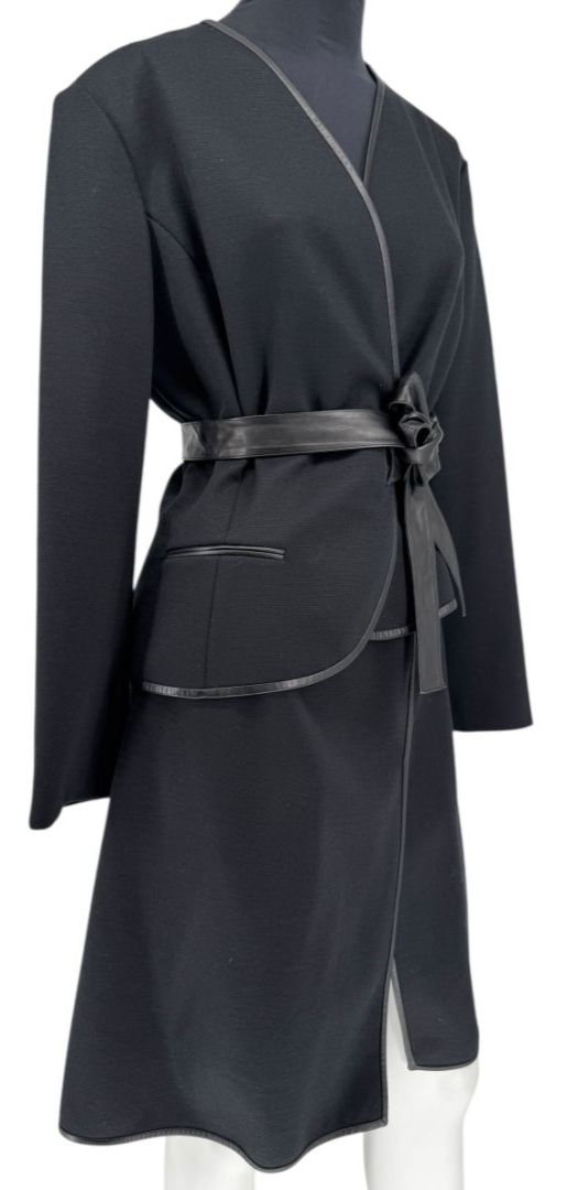 Douglas Hannant Black Wool Wrap Jacket with Nappa Leather Trim – Size 14