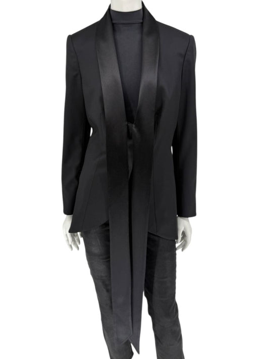 Pamella Roland Black Satin Tie Front Tuxedo Blazer Jacket - Large