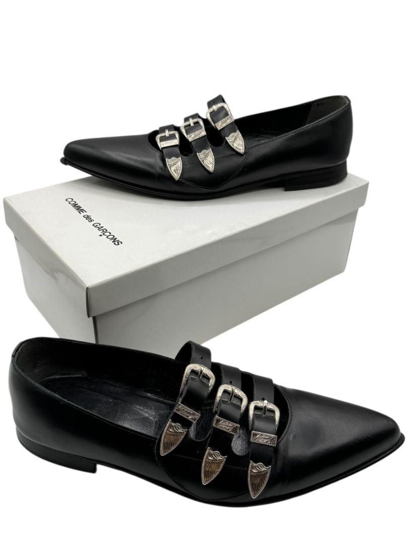 Comme des Garçons Black Triple-Buckle Leather Flats – Japanese Size 25