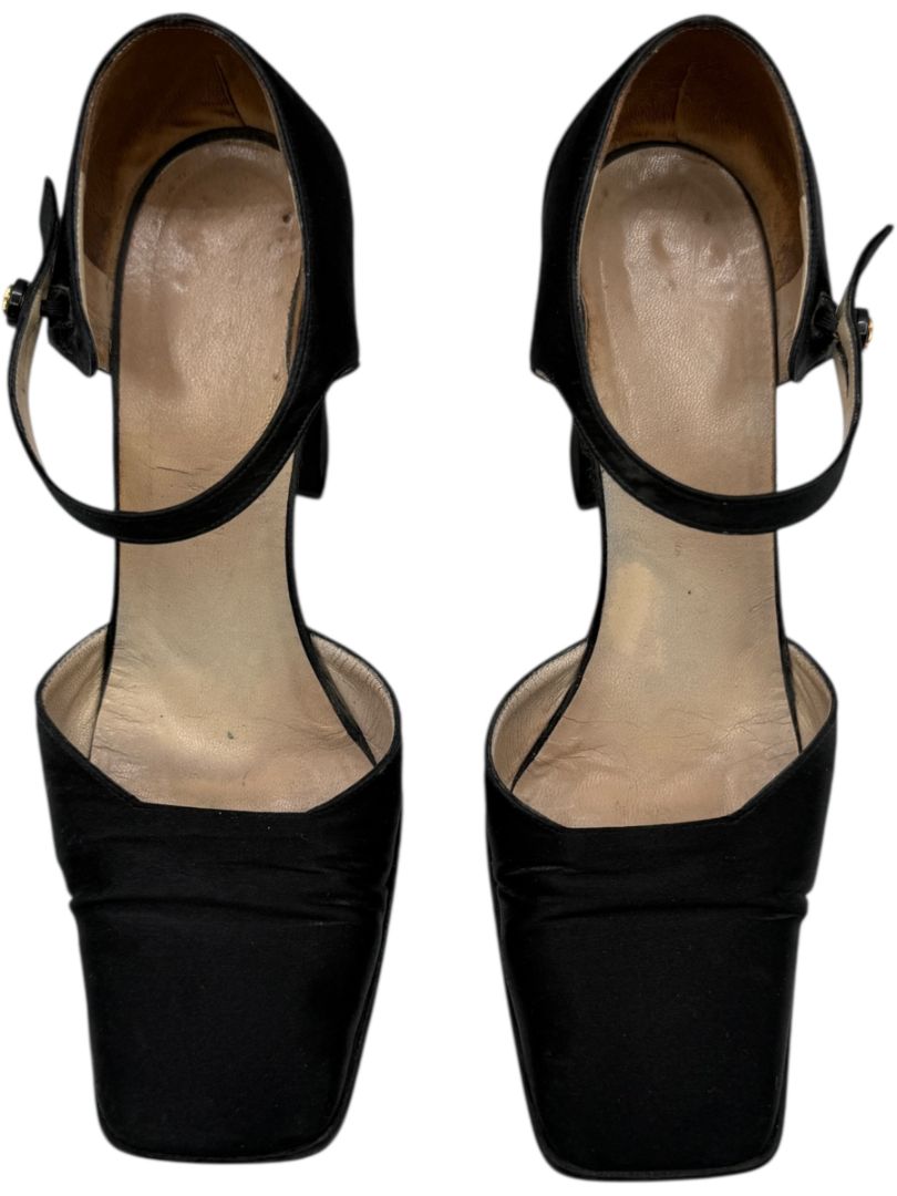 Chanel Black Satin Mary Jane Pumps with Gold CC Button – Size 40 (US 10)