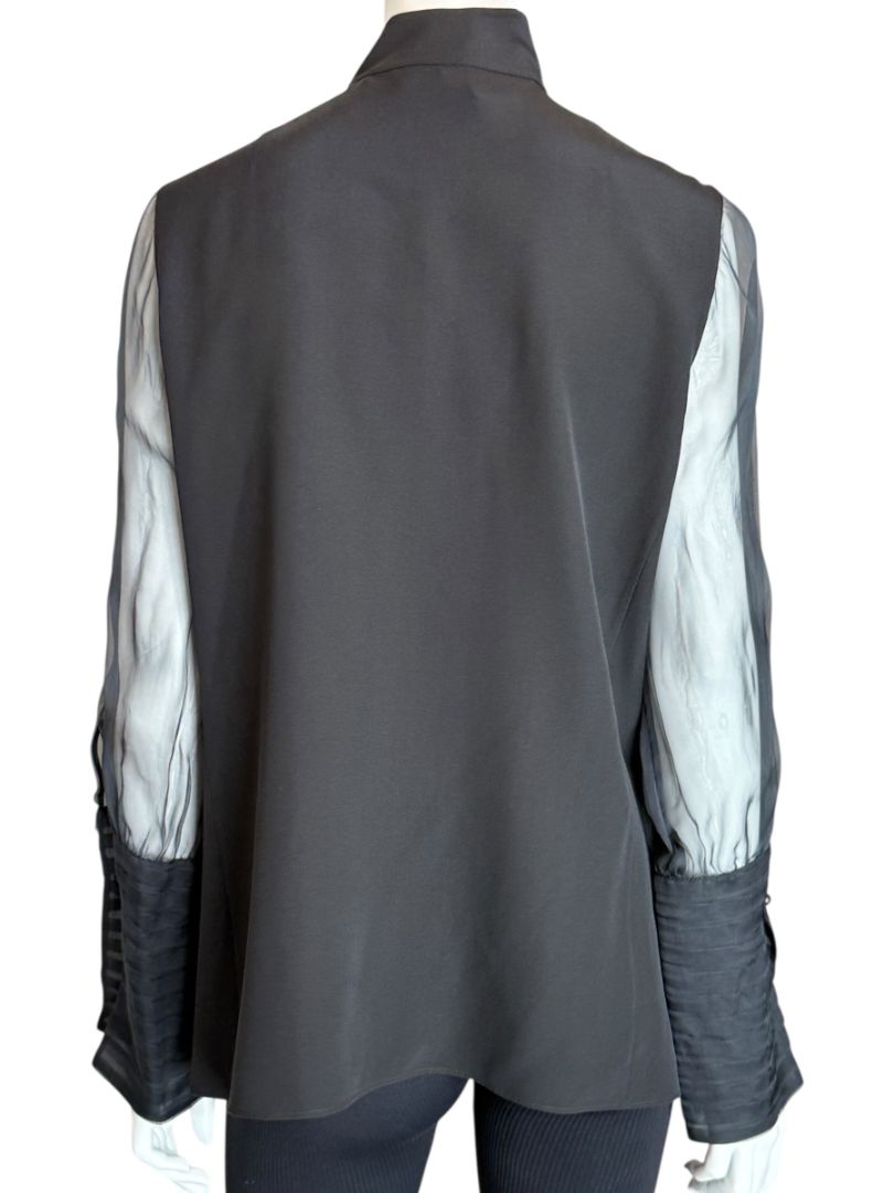 Akris Black Mulberry Silk Blouse with Sheer Striped Sleeves – Size 10