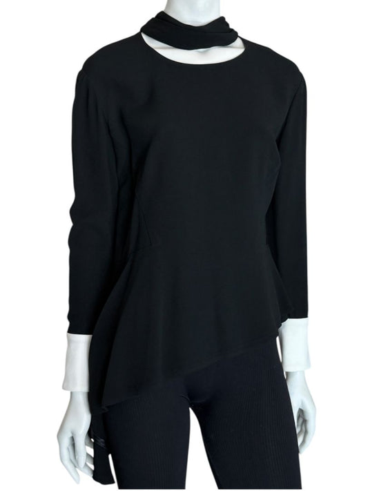 Pamella Roland Black Asymmetrical Blouse with Contrast Cuffs – Large