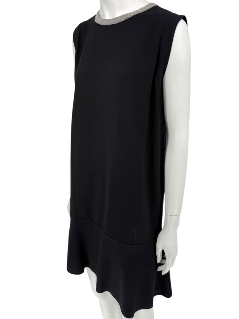 Brunello Cucinelli Black Wool Viscose Sleeveless Shift Dress Monili Beaded Collar - Large