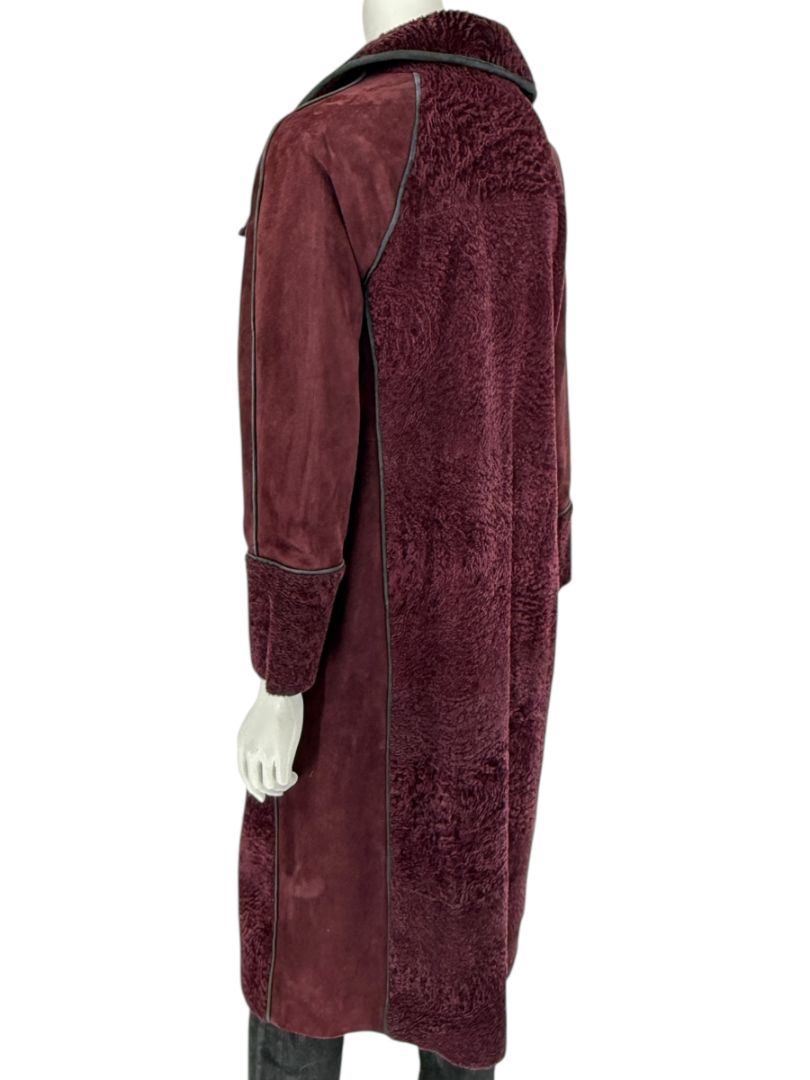 Pamella Roland Burgundy Shearling Cape Style Jacket with Leather Trim – Large