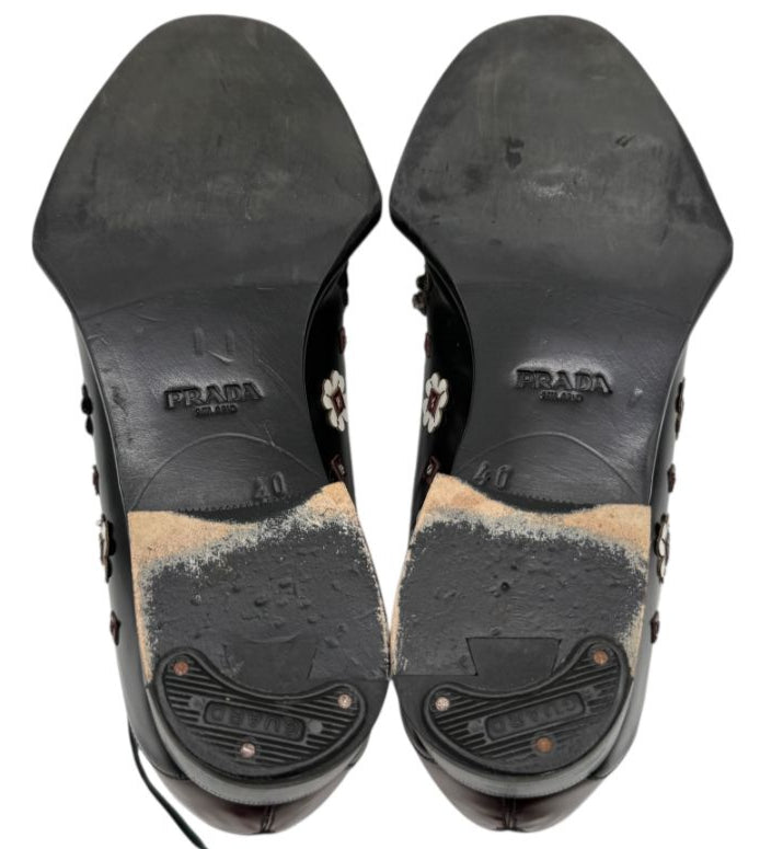Prada Studded Floral Leather Oxfords – Size 40
